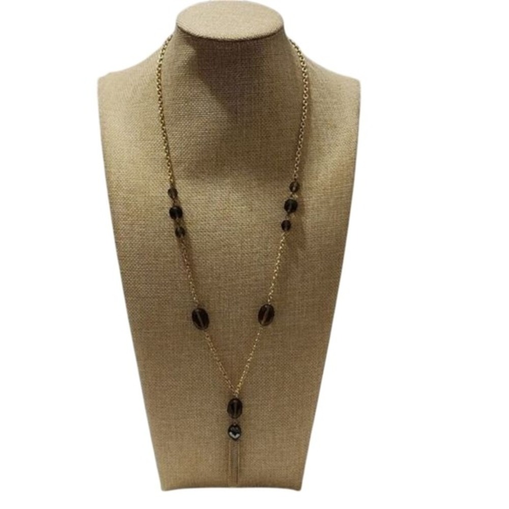 Treska Gold Tone Smoky Brown Beaded Tassel Y-Drop‎ Long Station Necklace - Picture 3 of 3